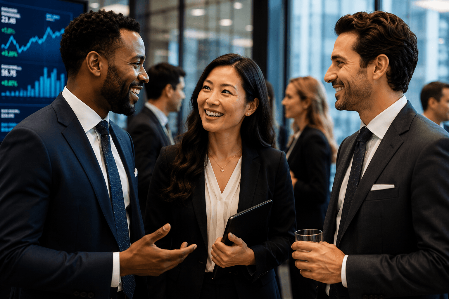 Finance professionals networking at an event